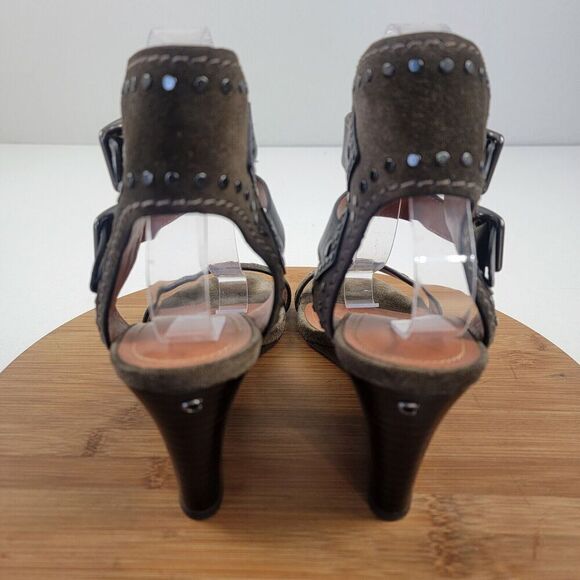 Coach Odessa Leather Suede Wedge 8.5 B Olive Green Buckle 2 Strap Heels - Picture 6 of 16